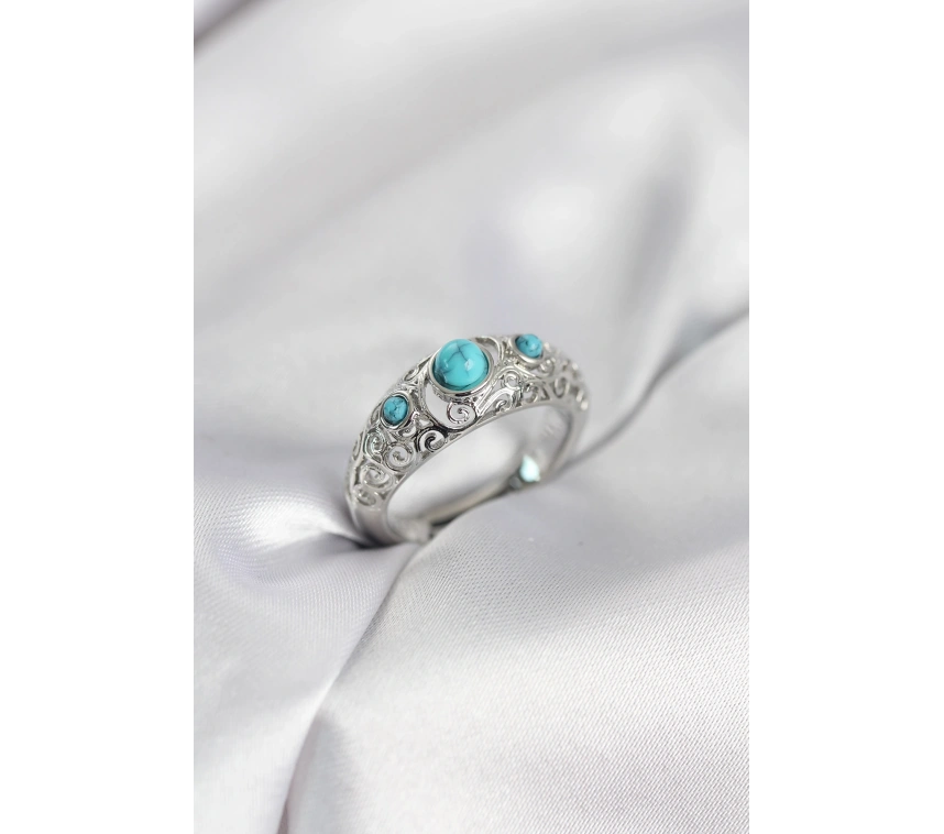 Vintage Model Mavi Taşlı Gümüş Renk Kadın Yüzük