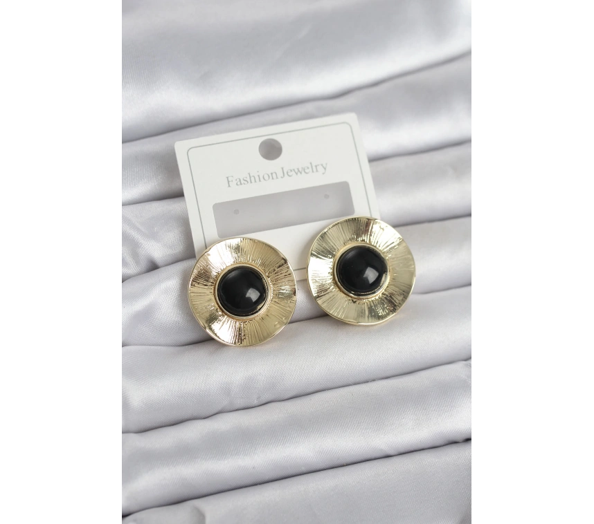 Vintage Model Siyah Gold Renk Pirinç Kadın Küpe