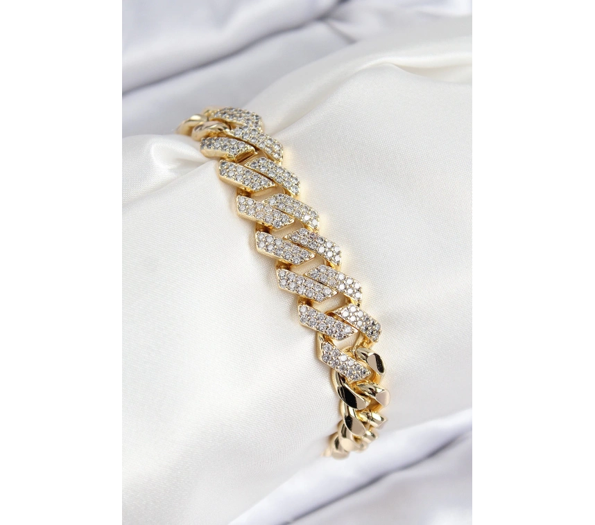 VIP Pirinç Zirkon Taşlı Cuba Model Gold Renk Kadın Bileklik
