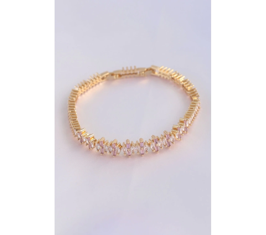 Vip Seri Pirinç Pembe Zirkon Taşlı Gold Renk Baget Model Bileklik