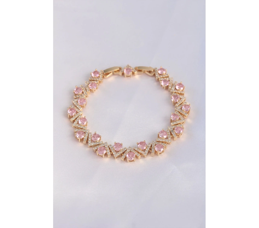 Vip Seri Pirinç Pembe Zirkon Taşlı Gold Renk V Model Bileklik