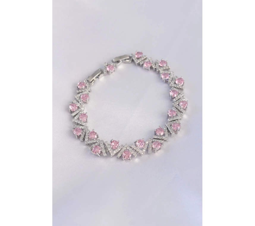 Vip Seri Pirinç Pembe Zirkon Taşlı Gümüş Renk V Model Bileklik