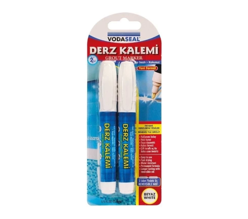 Vodaseal Çift Uçlu Su Bazlı Kokusuz Kalıcı Derz Kalemi Beyaz 2 Adet