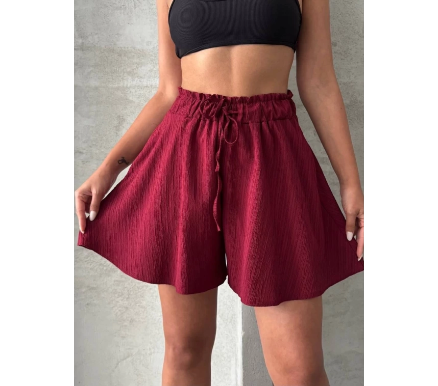Volanlı keten şort bordo s255058