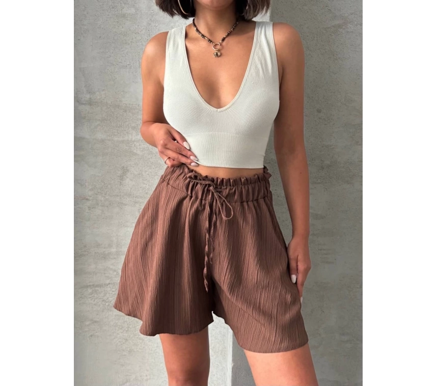 Volanlı keten şort kahve s255058
