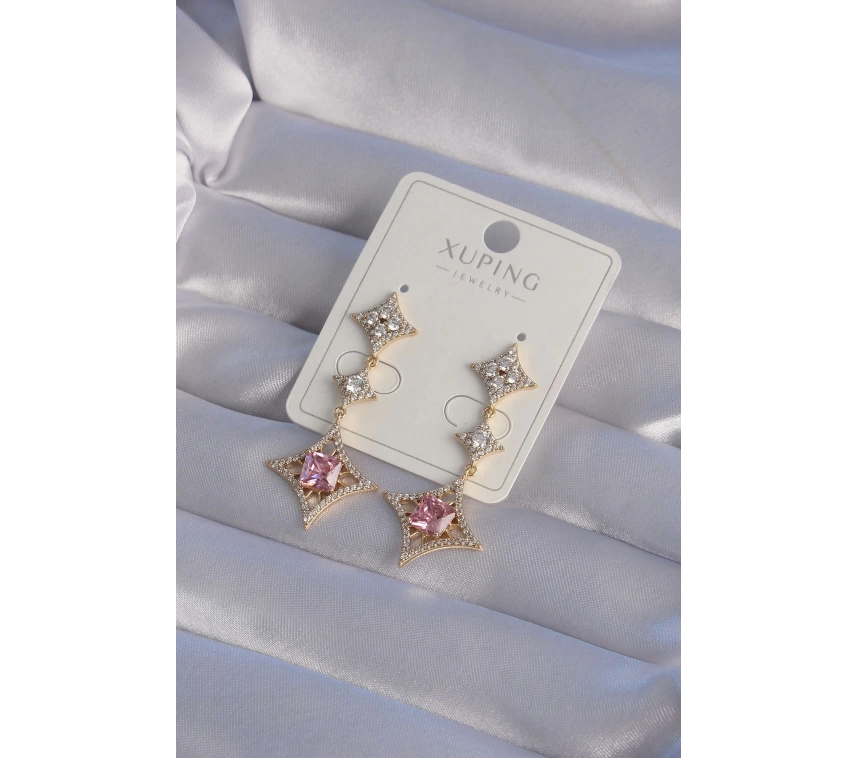 XUPİNG Gold Renk Pembe Zirkon Taşlı Yıldız Model Küpe