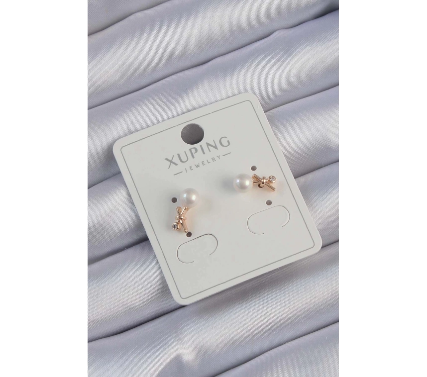 Xuping Rose Renk Zirkon Taşlı İncili Minimal Fiyonk Küpe