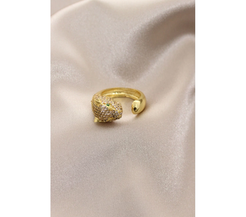 Yeni Sezon Gold Renk Taşlı Yeşil Gözlü Kaplan Yüzük