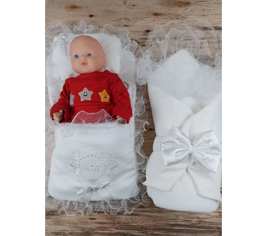 Yenidoğan Bal Peteği Taç Nakışlı Kundaklı Trilüks 3lü Alt Açma Seti