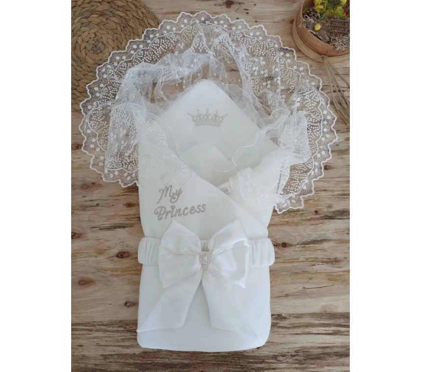 Yenidoğan Sahra Taç Benim Prensesim Nakışlı Kundak Bebek Battaniyesi