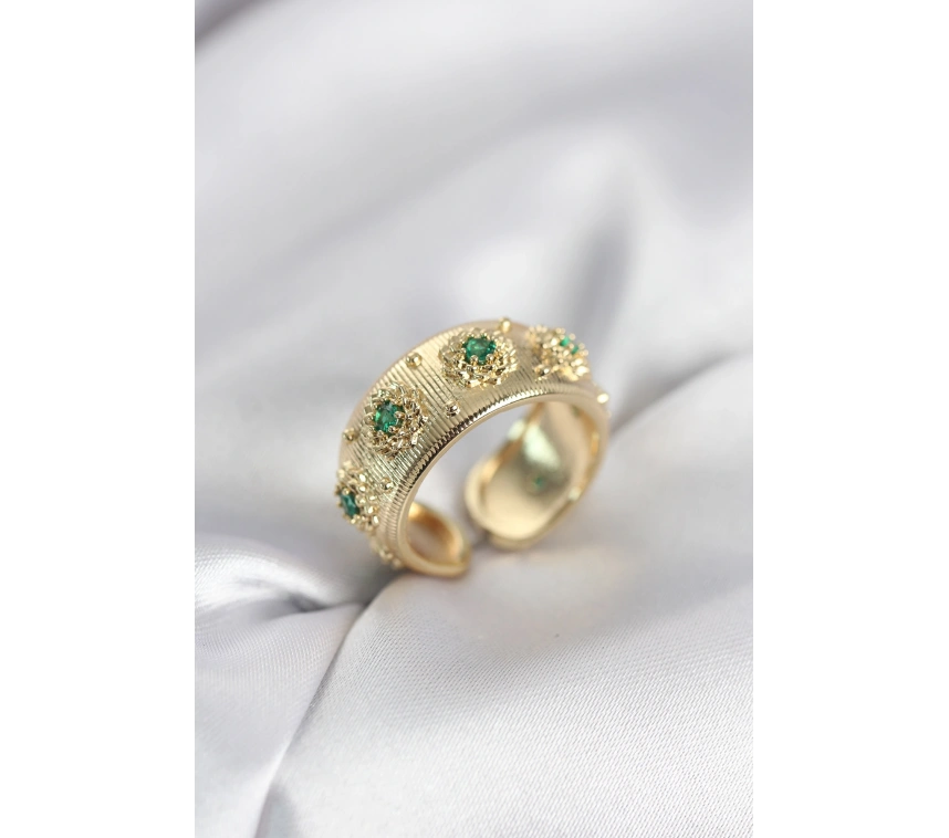 Yeşil Zirkon Taşlı Gold Renk Vintage Kadın Yüzük