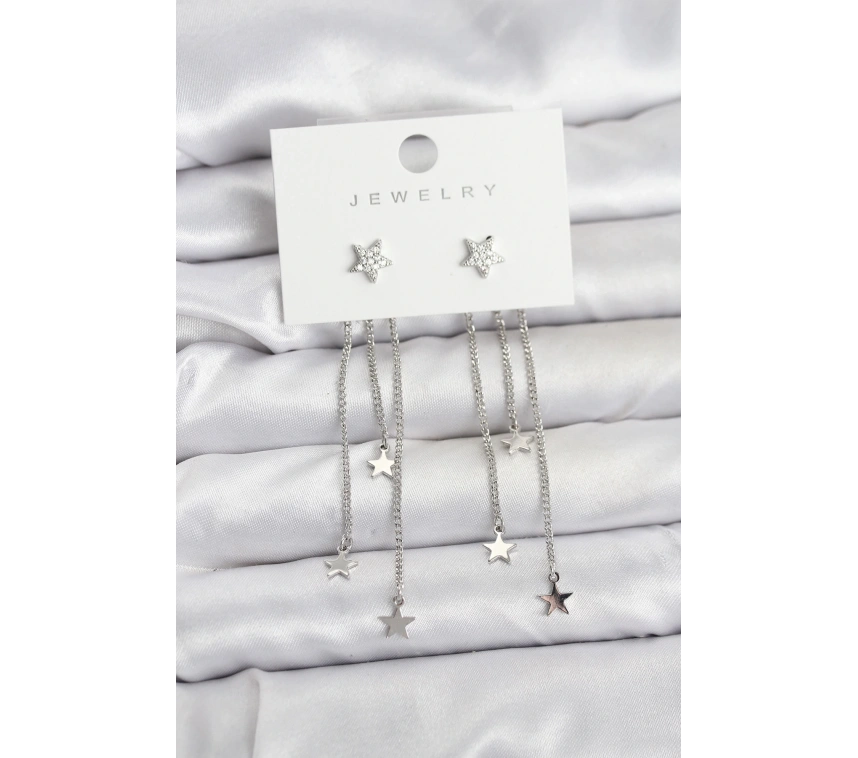 Yıldız Model Gümüş Renk Pirinç Sallantılı Kadın Küpe