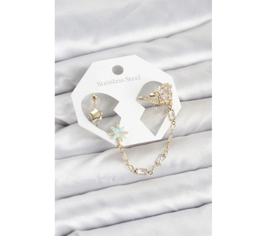 Yıldız Model Pirinç Gold Renk Zincir Bağlantılı Ear Cuff Küpe Seti