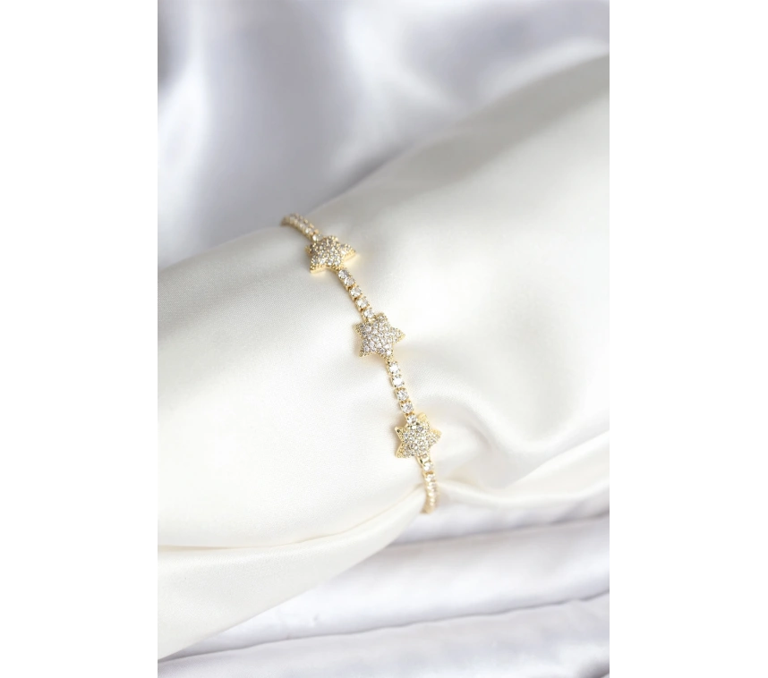 Yıldız Model Zirkon Taşlı Gold Renk Pirinç Su Yolu Kadın Bileklik