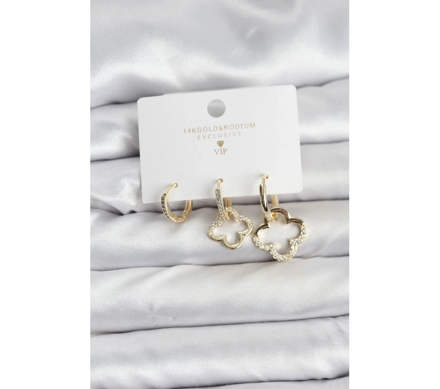 Yonca Model Gold Renk Pirinç 3lü Kadın Küpe Seti