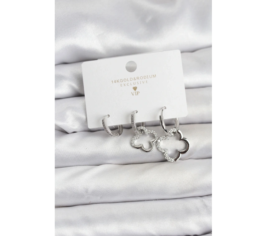 Yonca Model Gümüş Renk Pirinç 3lü Kadın Küpe Seti