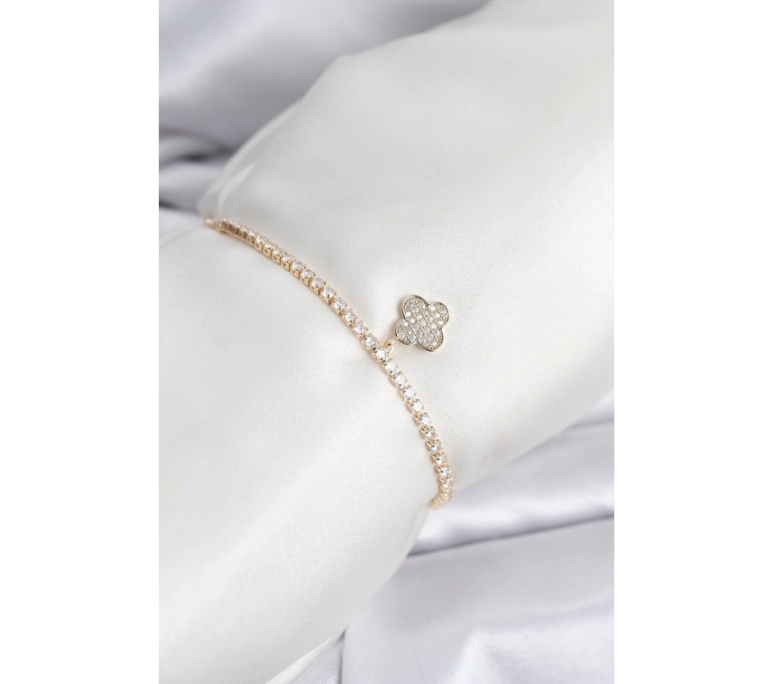 Yonca Model Zirkon Taşlı Gold Renk Asansörlü Su Yolu Bileklik