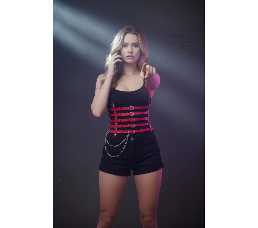 Zincir Detaylı 5 Sıralı Kırmızı Deri Kemer, Deri Korse Kemer - Brf626