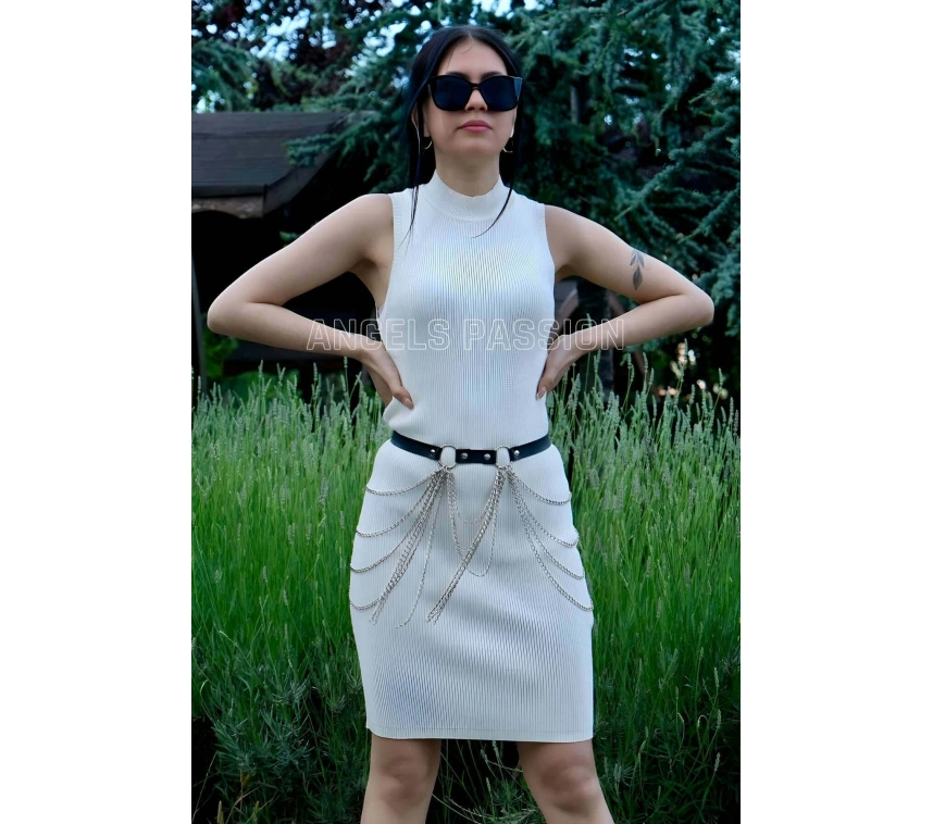 Zincirli Ayarlanabilir Şık Deri Kemer, Zincirli Elbise Kemeri - Brf729