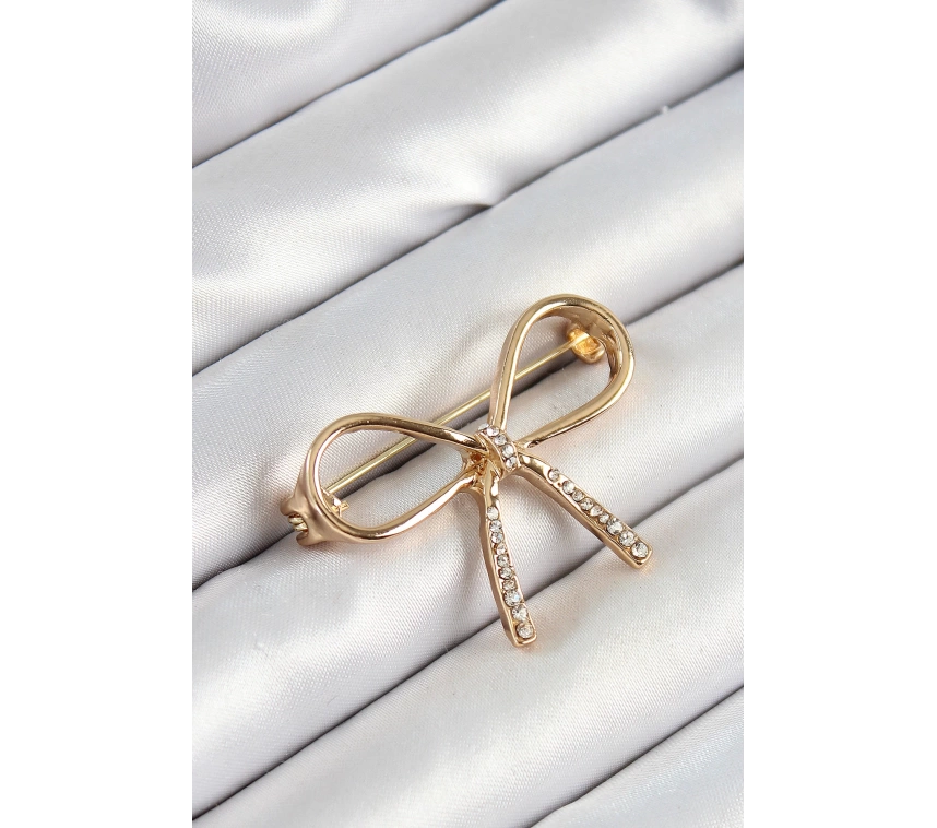 Zirkon Taş Detaylı 3D Fiyonk Figürlü Gold Renk Kadın Broş