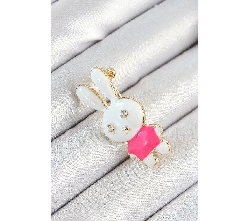Zirkon Taş Detaylı Beyaz Ve Pembe 3D Tavşan Figürlü Kadın Broş