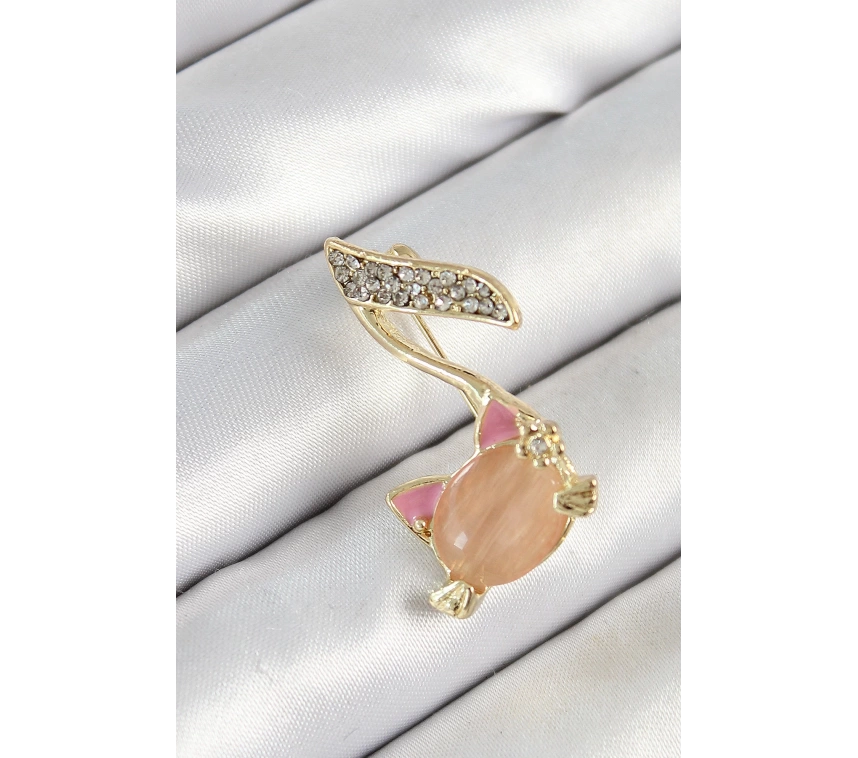 Zirkon Taşlı 3D Kedi Detaylı Nota Figürlü Gold Renk Kadın Broş