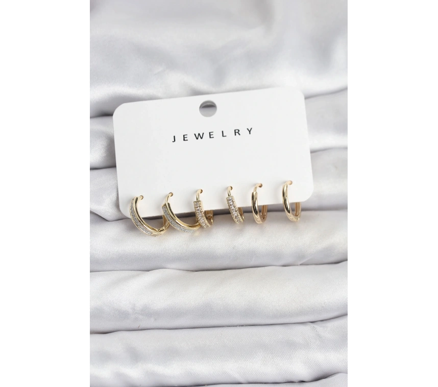 Zirkon Taşlı Gold Renk Pirinç Kadın Küpe Seti