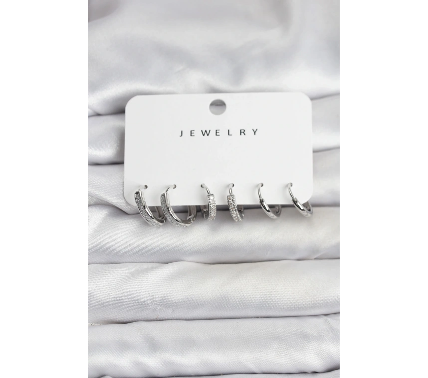 Zirkon Taşlı Gümüş Renk Pirinç Kadın Küpe Seti