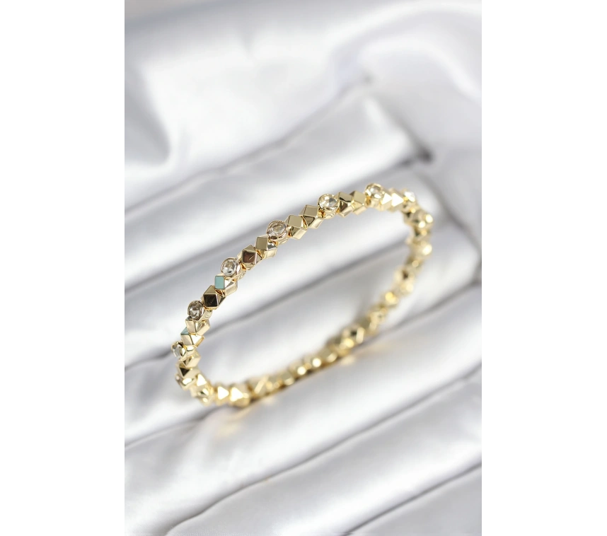 Zirkon Taşlı Küp Şerit Model Pirinç Gold Renk Kadın Bileklik