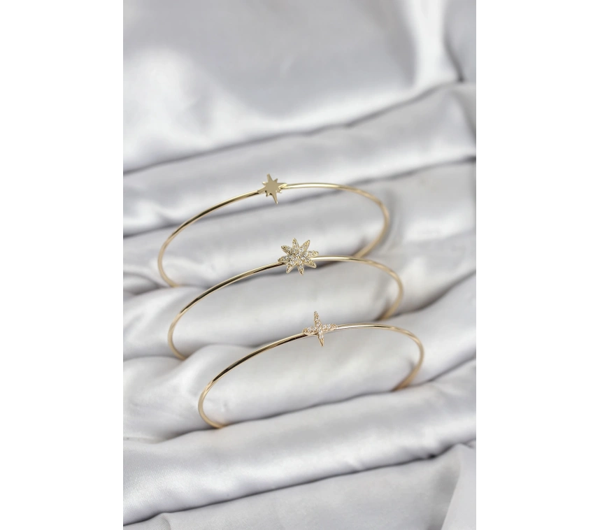 Zirkon Taşlı Kutup Yıldızı Model Gold Renk 3lü Kadın Bileklik Kombini