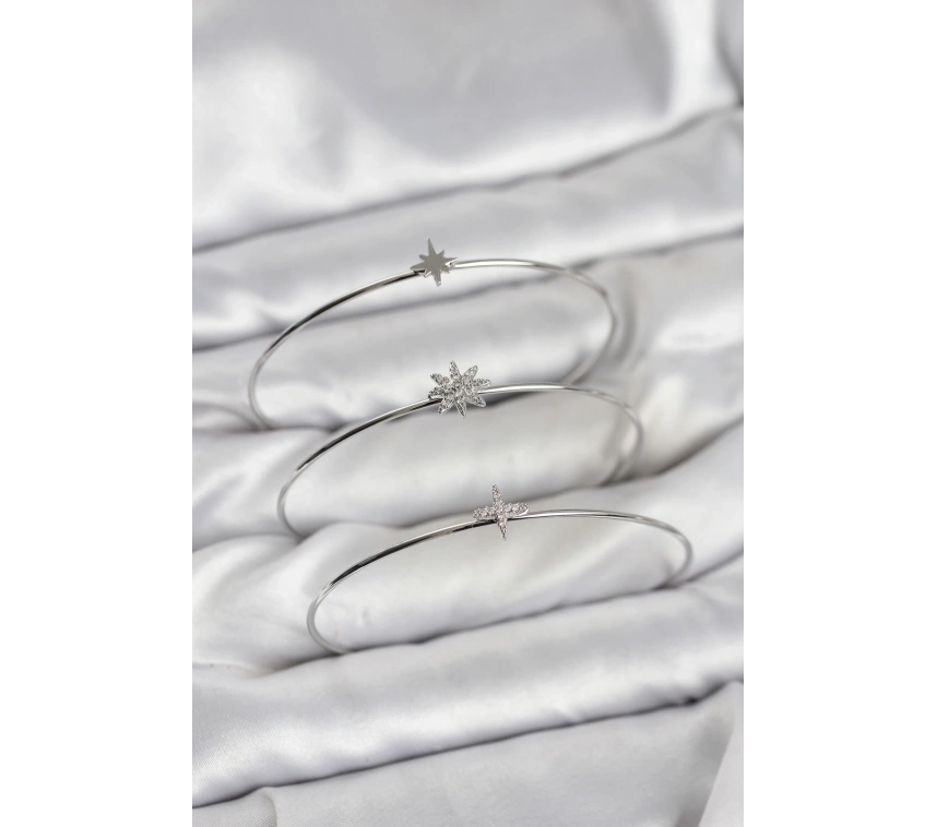 Zirkon Taşlı Kutup Yıldızı Model Gümüş Renk 3lü Kadın Bileklik Kombini