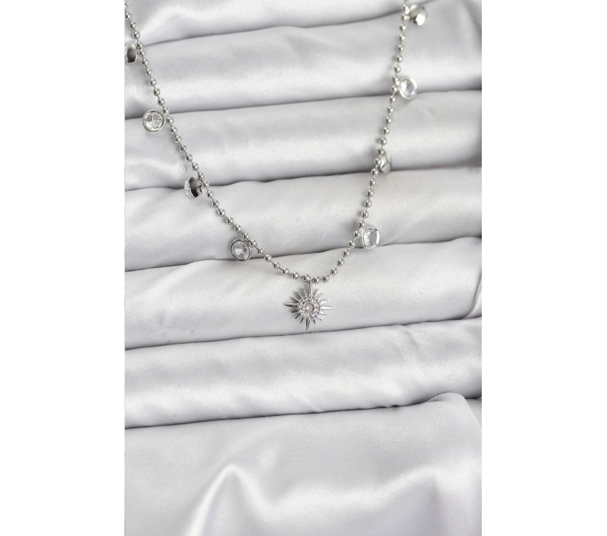 Zirkon Taşlı Kutup Yıldızı Model Pirinç Gümüş Renk Kadın Kolye