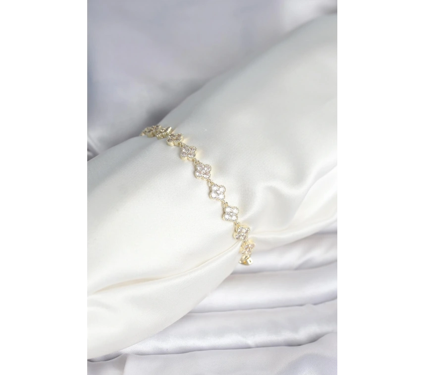 Zirkon Taşlı Pirinç Yonca Model Bileklik