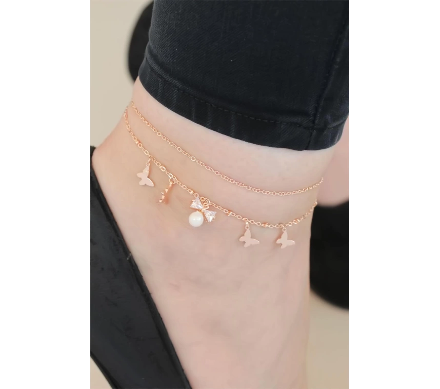 Zirkon Taşlı Rose Renk Çift Zincirli İncili Kelebek Hal Hal