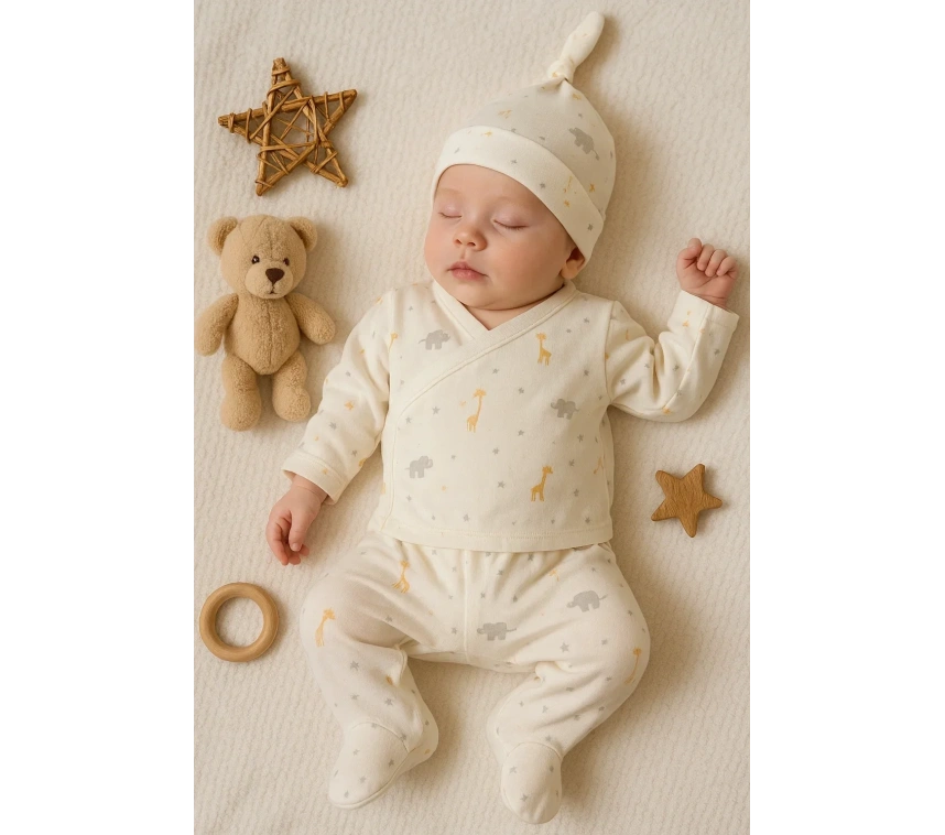 Zürafa Desenli 3 Parça Erkek Bebek Hastane Çıkışı % 100 Pamuk