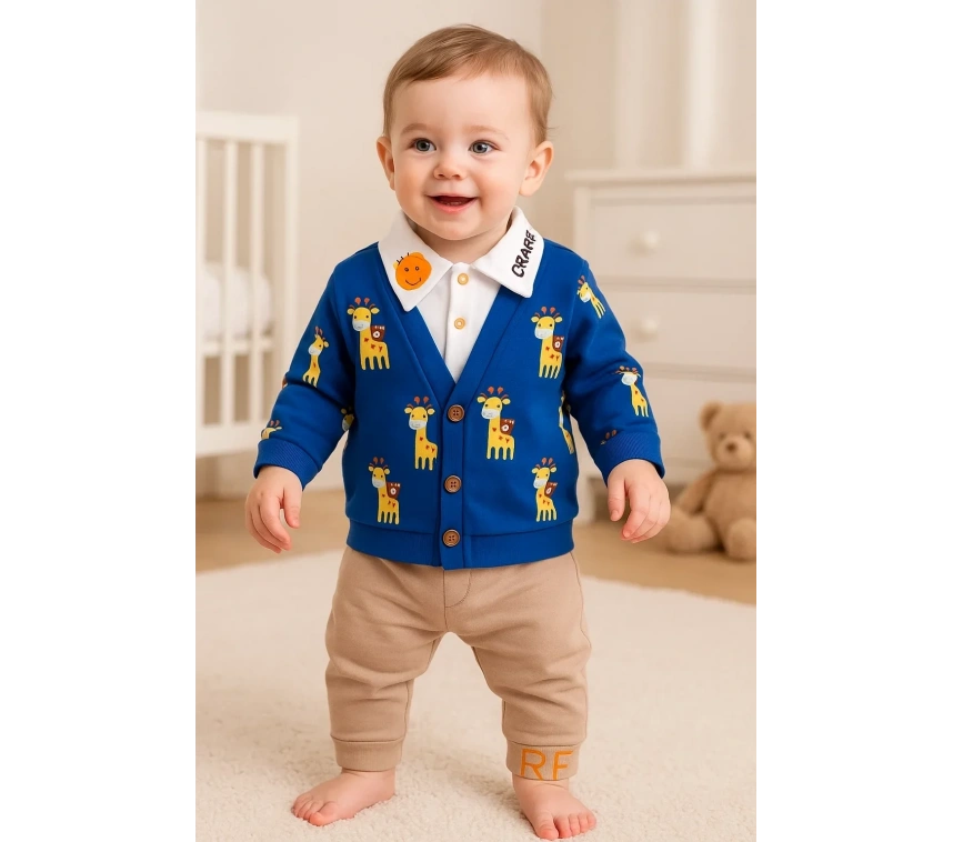 Zürafa Desenli Gömlek Yakalı 3lü Erkek Bebek Takımı