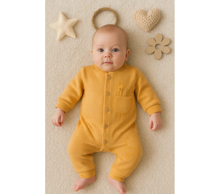 Zürafa Nakışlı Cepli % 100 Pamuk Erkek Bebek Tulumu