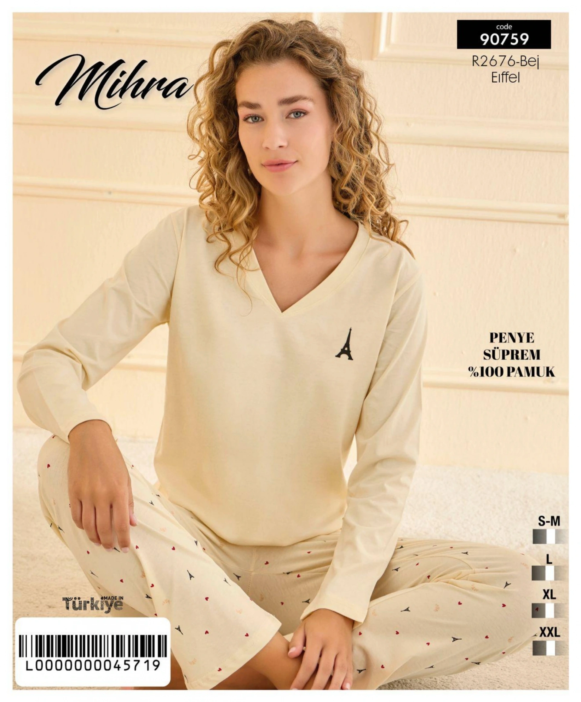 90759 Kadın V Yaka Uzun Kol Pijama Takımı