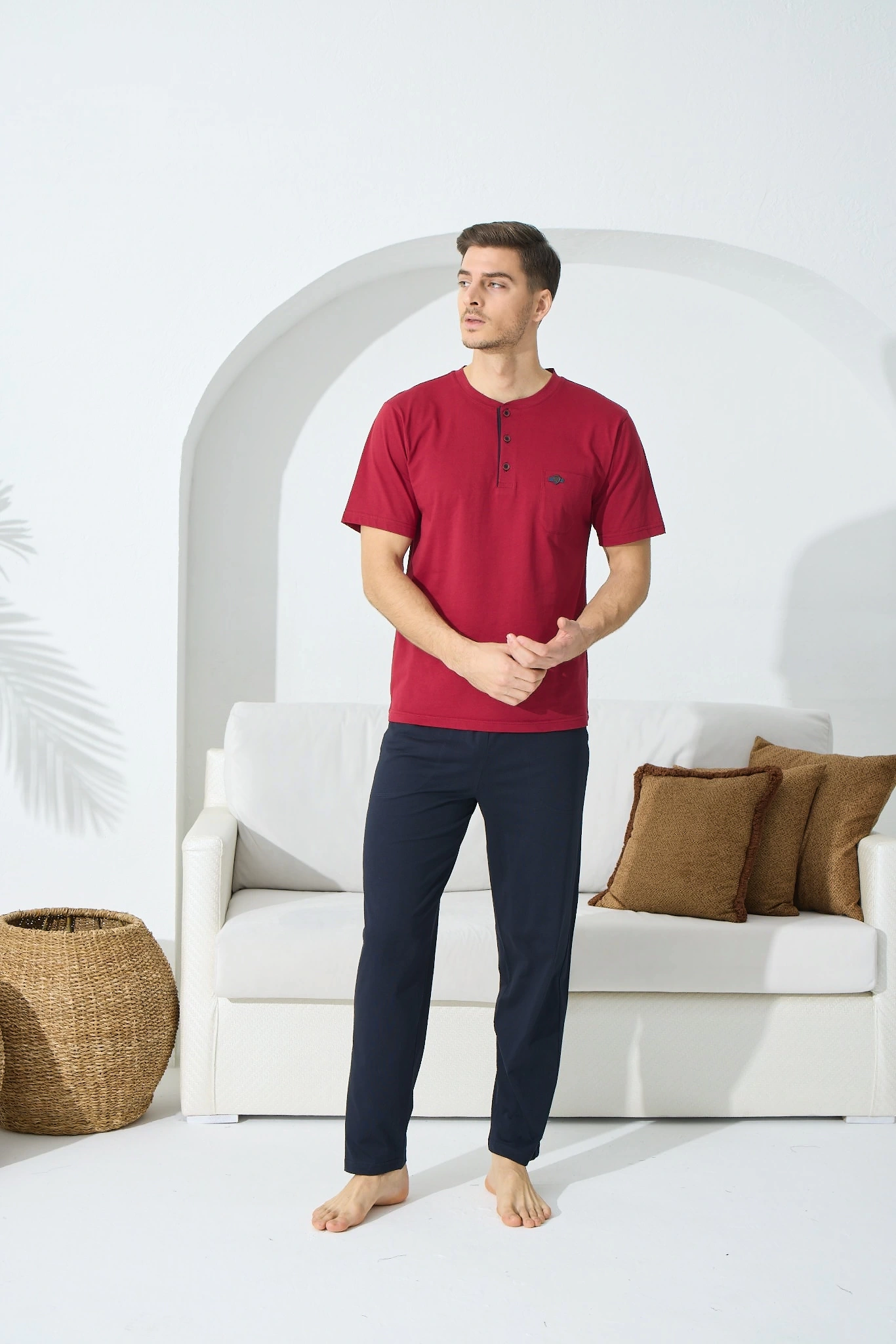 9514 Erkek  Midi Yaka Kısa Kol Pijama Takım