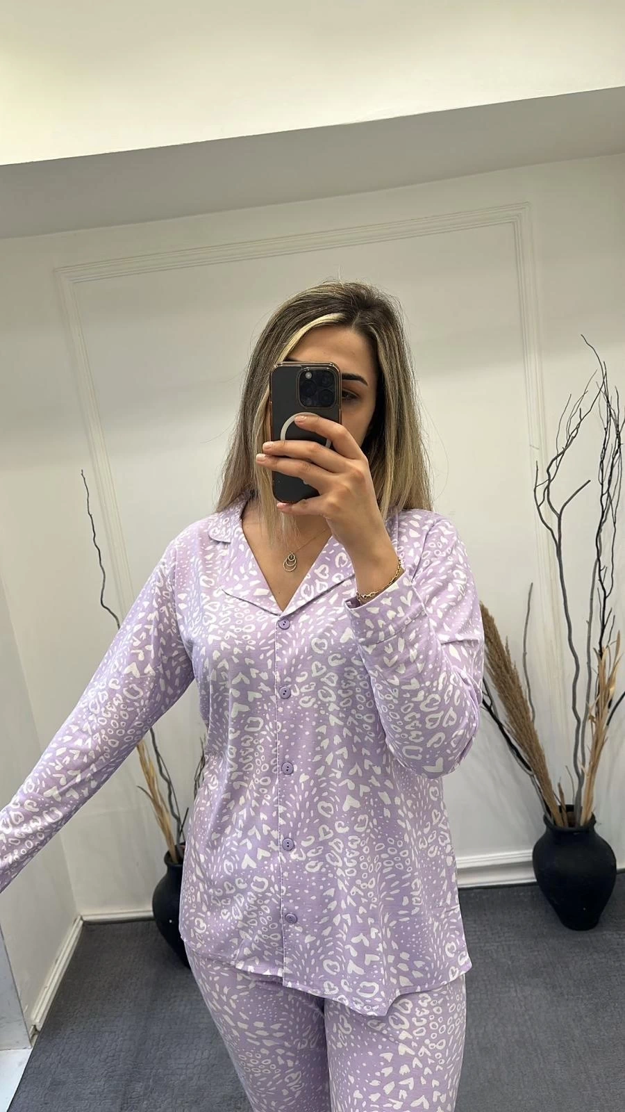 Alissa 6166 Bayan Önü Düğmeli Desenli Pijama Takımı