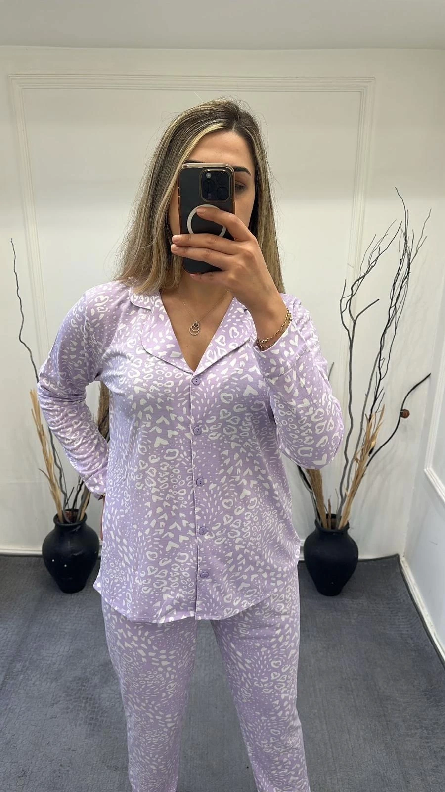 Alissa 6166 Bayan Önü Düğmeli Desenli Pijama Takımı