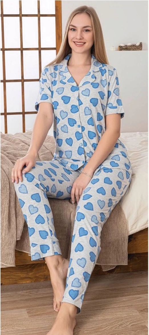 Alissa 6275 Kadın Mavi Kalp Desenli Patlı Pijama Takımı