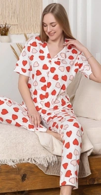 Alissa 6295 Kadın Kalp Desenli Patlı Pijama Takımı