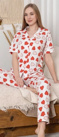 Alissa 6295 Kadın Kalp Desenli Patlı Pijama Takımı