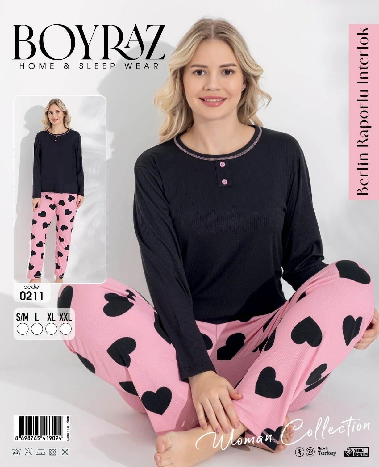 Boyraz 0211 Kadın Raporlu Uzun Kol Pijama Takımı