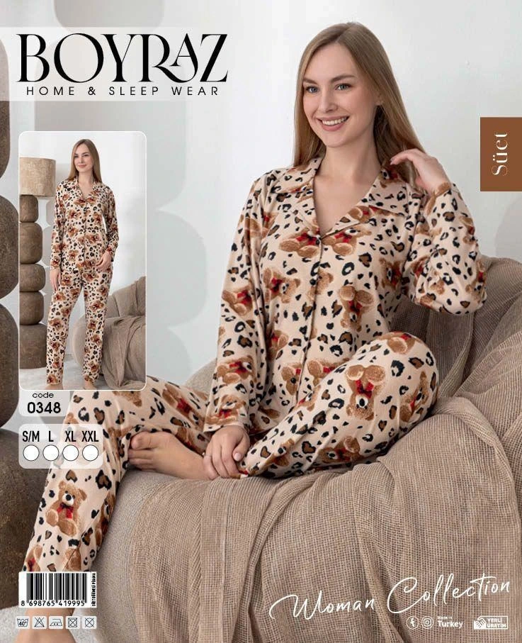 Boyraz 0348 Kadın Süet Patlı Uzun Kol Pijama Takımı