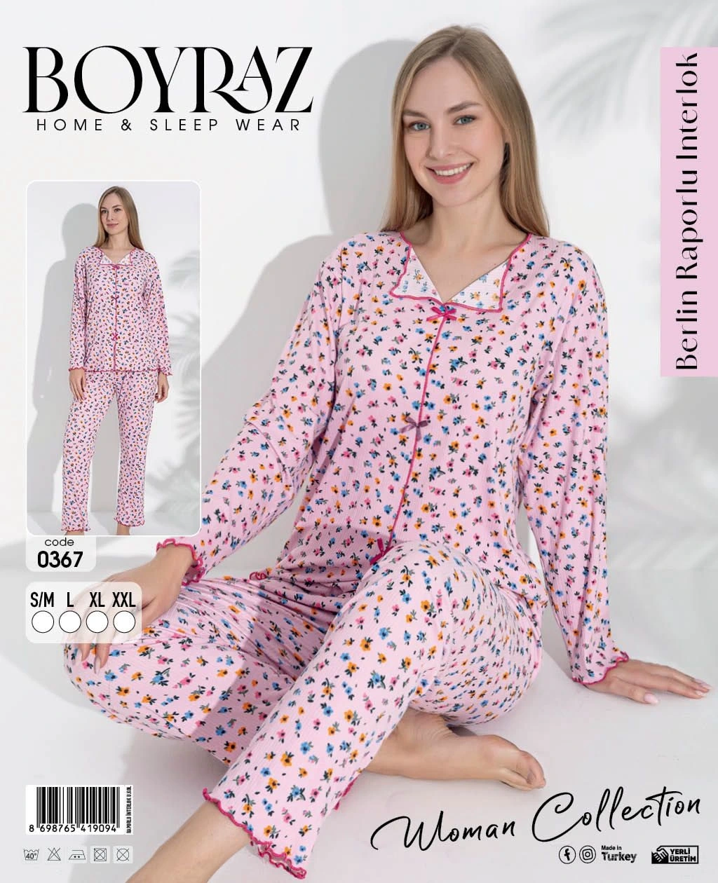 Boyraz 0367 Kadın Raporlu Uzun Kol Pijama Takımı