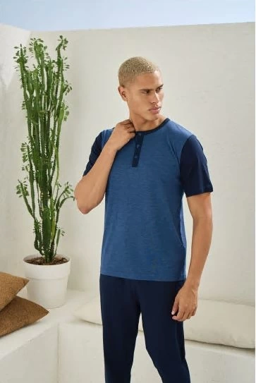 Erkek 2205 Erkek  Battal Midi Yaka Pijama Takım