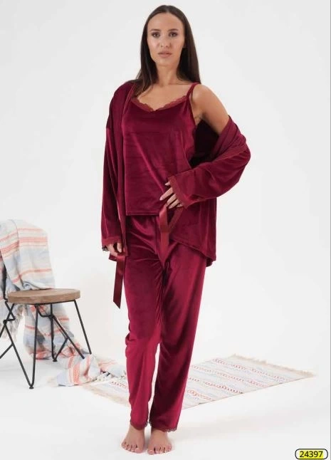 Estiva 24397 Bayan Kadife 3lü Pijama Takım