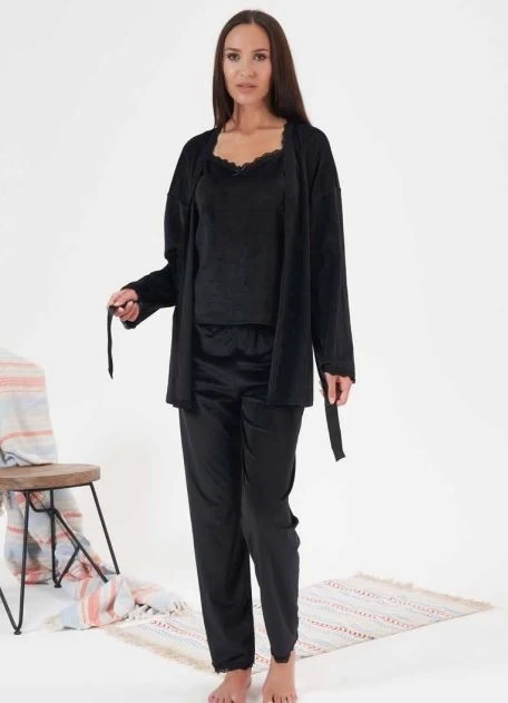 Estiva 24397 Bayan Kadife 3lü Pijama Takım